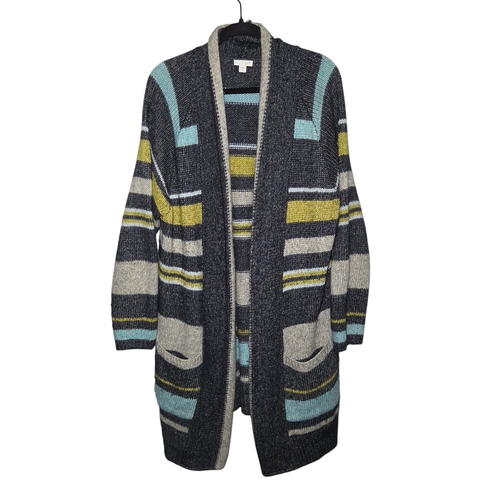 J.Jill Cardigan Sweater Women XL Gray Multicolor Striped Open Front Long Knit